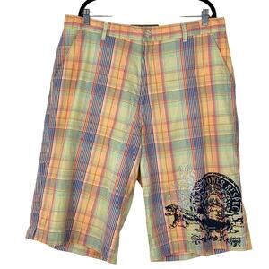 NWOT CROOKED INK Shorts Men 38 Plaid Graphic Logo Jeweler Shiny Silver Multi